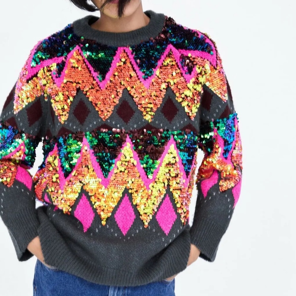 ZARA MULTICOLOR OVERSIZED SEQUIN SWEATER RARE MEDIUM M - Picture 5 of 16